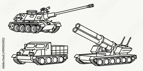 A detailed illustration showcasing three different types of military artillery vehicles.