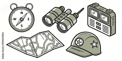 Assorted camping and hiking gear including a tent, backpack, and map