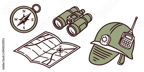 A collection of outdoor adventure items including a compass, binoculars, map, and backpack.