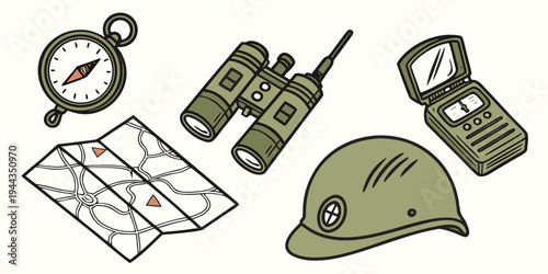 A collection of outdoor adventure and survival gear including a compass, binoculars, map, and more