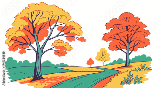 A serene autumn landscape featuring vibrant trees with red and yellow leaves along a path.