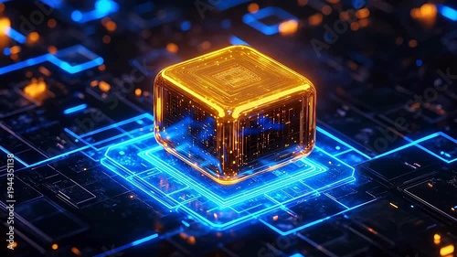 Golden Digital Cube on Futuristic Blue Circuit Board