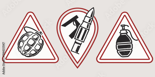 Three symbols representing different types of ammunition and weapons in red triangles
