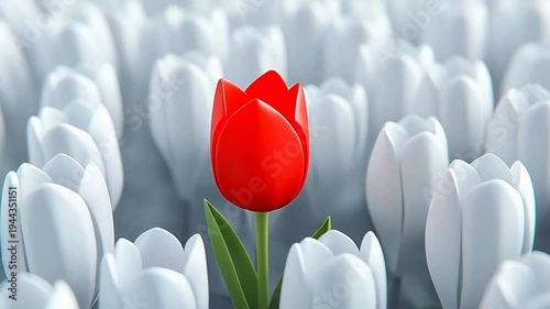 Single Red Tulip Standing Out Among White Blooms