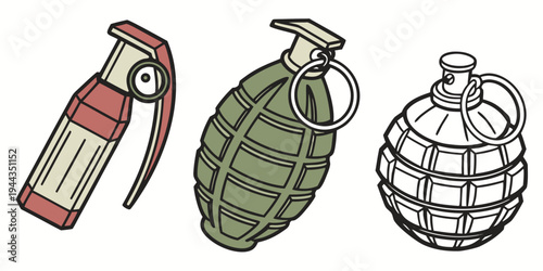 Three different types of grenades and a spray can illustrated in a cartoon style