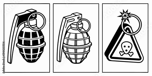 Three different types of grenades and a skull keychain depicted in black and white