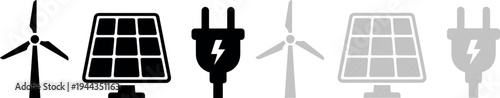 Renewable energy and power icons, including a wind turbine, a solar panel, and an electrical plug, depicted in solid black and striped outline vector styles, representing sustainable solutions.