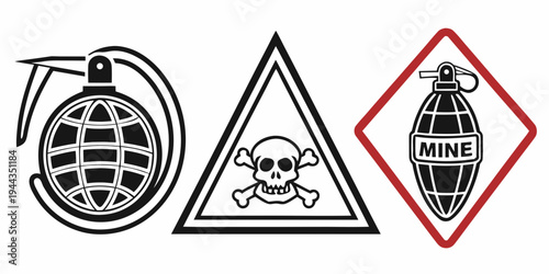 Three different types of warning symbols for explosive devices and mines