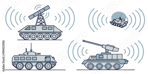 Three military tanks equipped with advanced communication technology and radar systems.