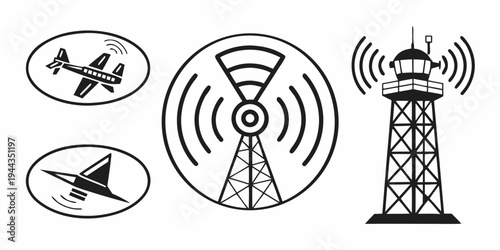Aviation and communication technology with radio towers and aircraft icons.
