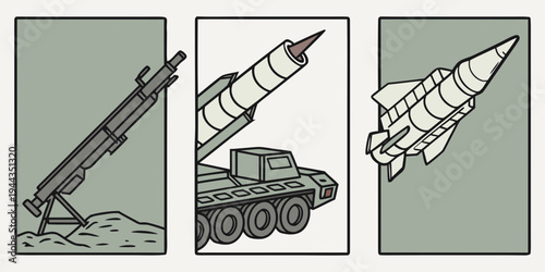 Three different types of missiles and launchers in a row.