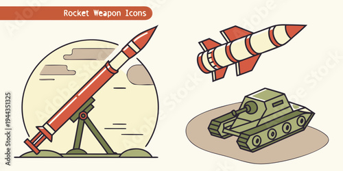 A detailed illustration of a missile launch with a rocket and military tanks in the background
