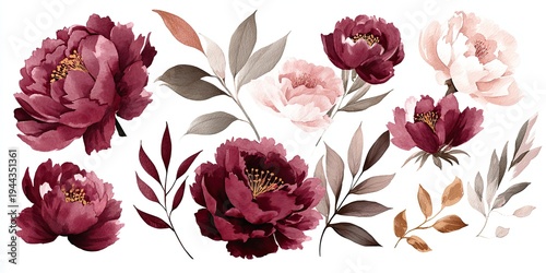 Watercolor floral arrangement featuring deep red and pink peonies with muted foliage