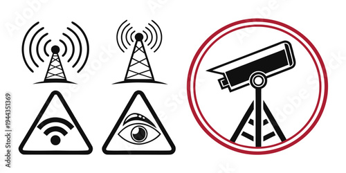 A surveillance camera mounted on a pole with a red circle around it and symbols for surveillance