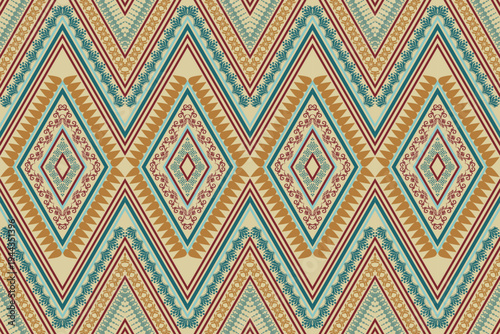 Seamless ethnic geometric diamond pattern with vintage ornamental shapes, tribal style textile background design.