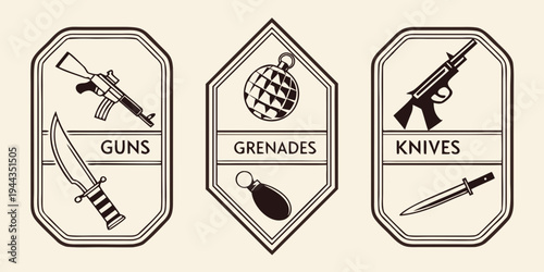 Three hexagonal icons representing guns, grenades, and knives for a military or tactical theme