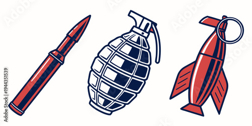 Assorted weapons including a rocket, grenade, and missile with red and black colors