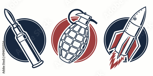 Three vintage space exploration emblems featuring a satellite, a space capsule, and a rocket.