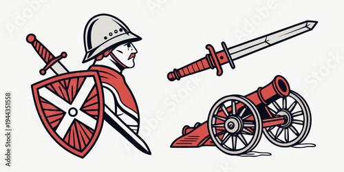 A medieval knight's helmet, sword, and shield displayed together.