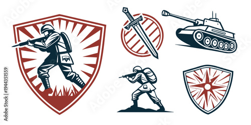 A collection of military symbols featuring a soldier, a tank, and a shield