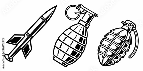 A collection of three different types of explosive devices including a rocket, grenade, and bomb