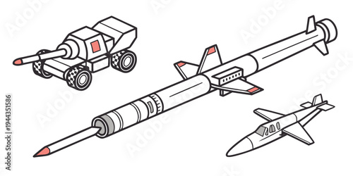 Military equipment including a missile, a fighter jet, and a military vehicle