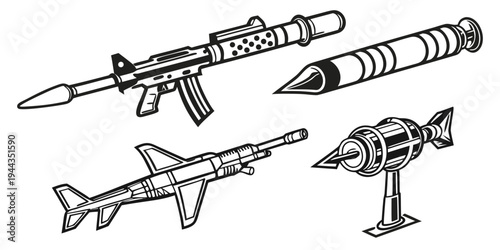 A collection of various military aircraft and missiles in black and white