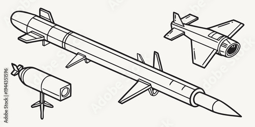 A detailed illustration of various types of missiles and rockets in black and white