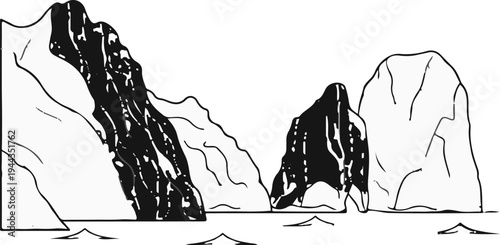 Black and white illustration of coastal rock formations against a stark sky
