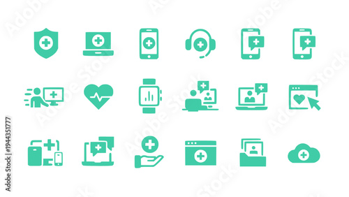 Modern healthcare technology icons including telemedicine, online consultation, health monitoring, and digital medical services.
