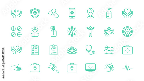 Healthcare assistance icons including emergency care, medical support, hospital service, and patient treatment.