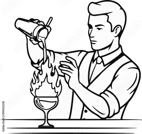 Bartender performs flaming drink preparation with flair and precision