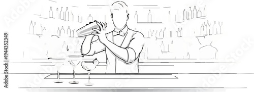 Bartender shaking cocktail mixer, bar with bottles, martini glasses ready