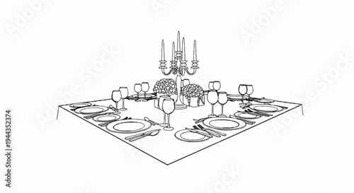 An elegantly set table with plates, silverware, wine glasses, and candelabra