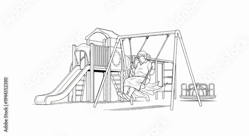 An elderly woman enjoys a swing at a playground with slides and merry-go-round