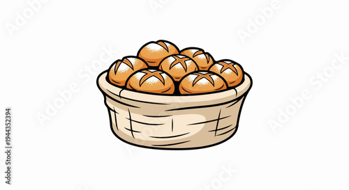 Basket overflowing with golden brown rolls dusted with white powder