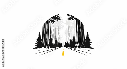 An arched forest canopy frames a straight road vanishing into distance