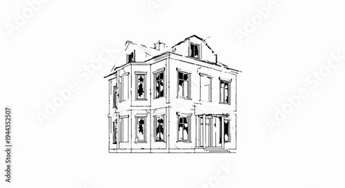 An architectural sketch of a damaged three-story corner building with shattered windows