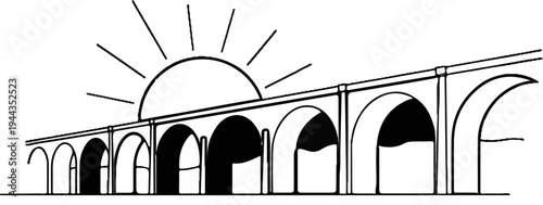 An arched aqueduct structure with a rising sun behind it
