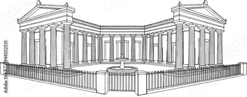 An ancient courtyard with a fountain, colonnade, and ornate fence