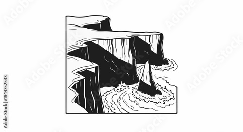 Black and white illustration of dramatic cliffs meeting crashing waves