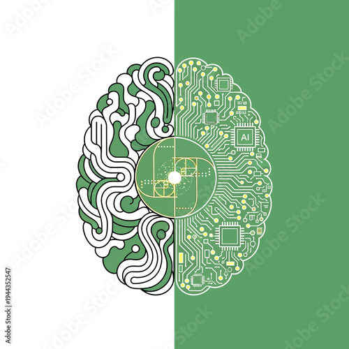 Conceptual illustration of human brain balancing organic creativity with digital artificial intelligence, featuring artistic lines and circuit board patterns.