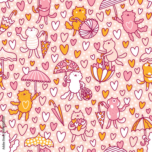 A seamless vector pattern featuring cute cats, umbrellas, and hearts. A festive design uses a pink background with white dots, making it great for fabric or gift wrap