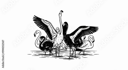 Black and white illustration of flamingos standing in water with open wings