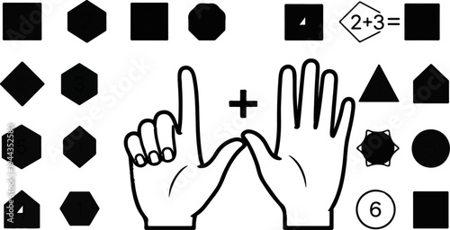 Black and white illustration of hands demonstrating numbers and shapes with math equation