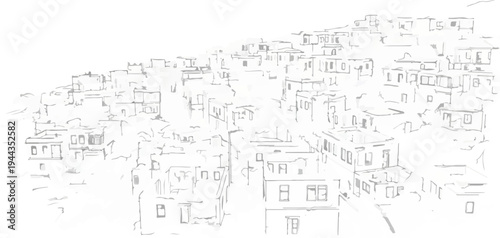 An abstract sketch of a densely populated hillside with tightly packed buildings