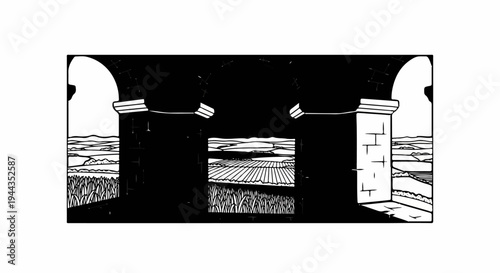 Archway framing a picturesque rural landscape with fields and hills