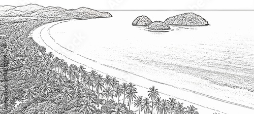 An aerial sketch of a tropical coastline with palm trees, islands, and mountains