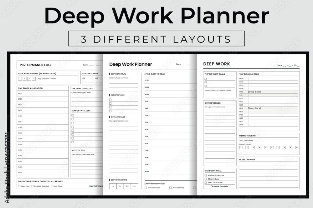 Fototapeta premium Deep Work Planner Vector Illustration, Printable High Focus Productivity Organizer, Time Blocking and Concentration Strategy Interior Template