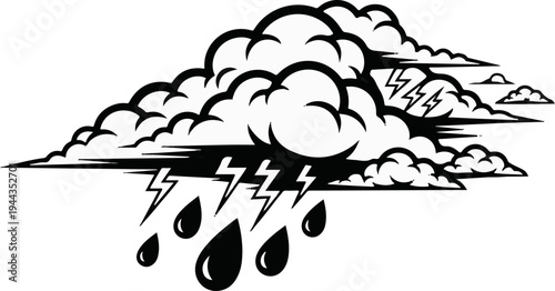 Black and white illustration of stormy weather with clouds, lightning, and rain